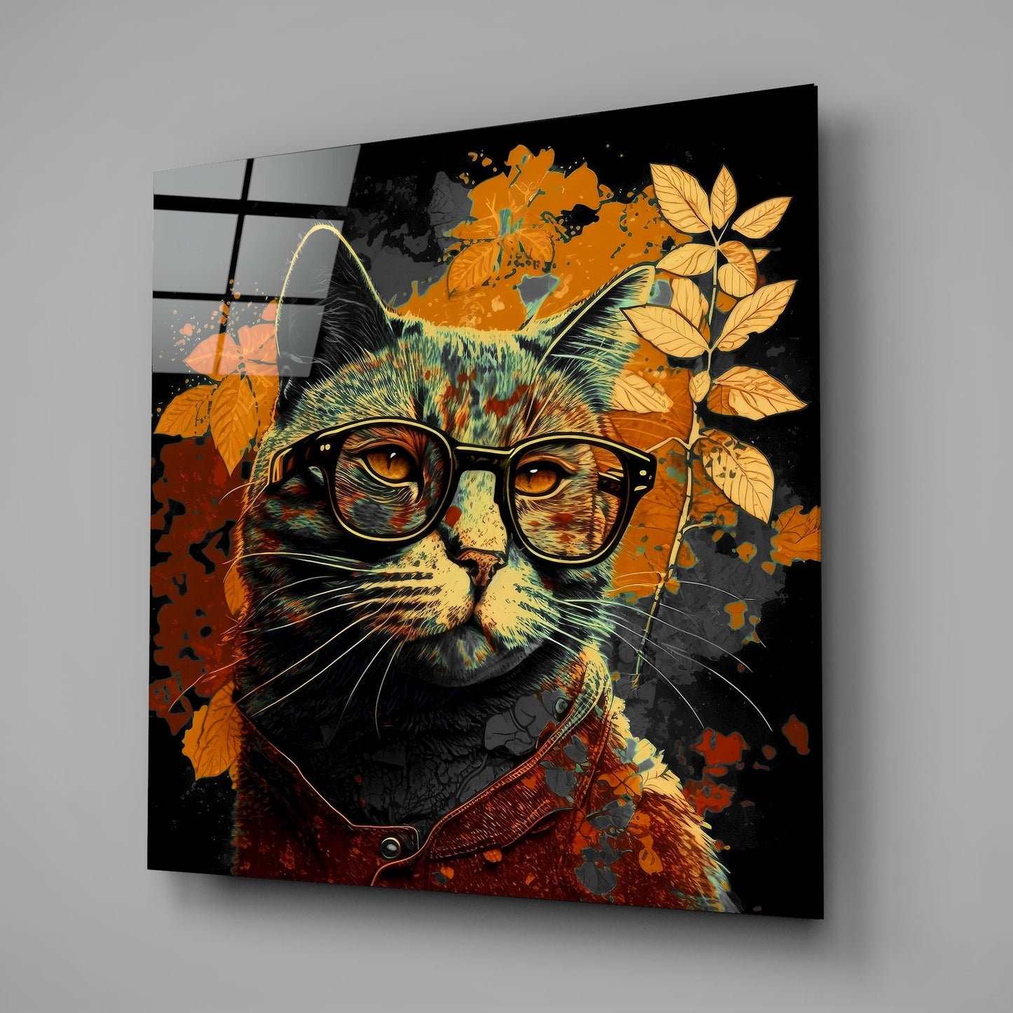Black Backdrop Cat in Glasses Glass Wall Art
