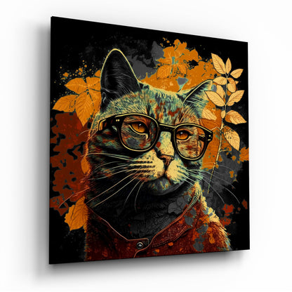 Black Backdrop Cat in Glasses Glass Wall Art