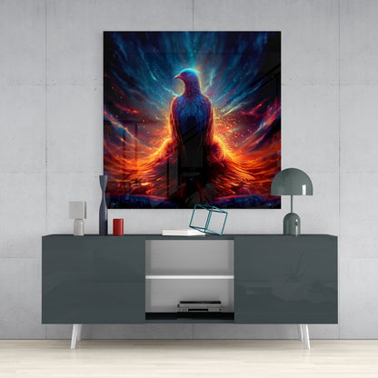 Phoenix Glass Wall Art mounted above gray media console, displaying glowing bird with orange and blue fiery wings against dark background.