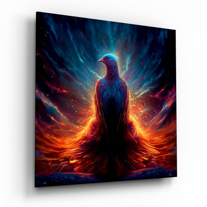 Phoenix glass wall art displaying a glowing bird silhouette surrounded by swirling orange, blue, and gold energy effects.