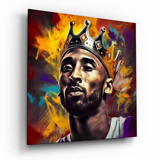 Angled front view of glass wall art depicting a bearded man wearing an ornate crown against vibrant orange, red, purple, and blue abstract background.
