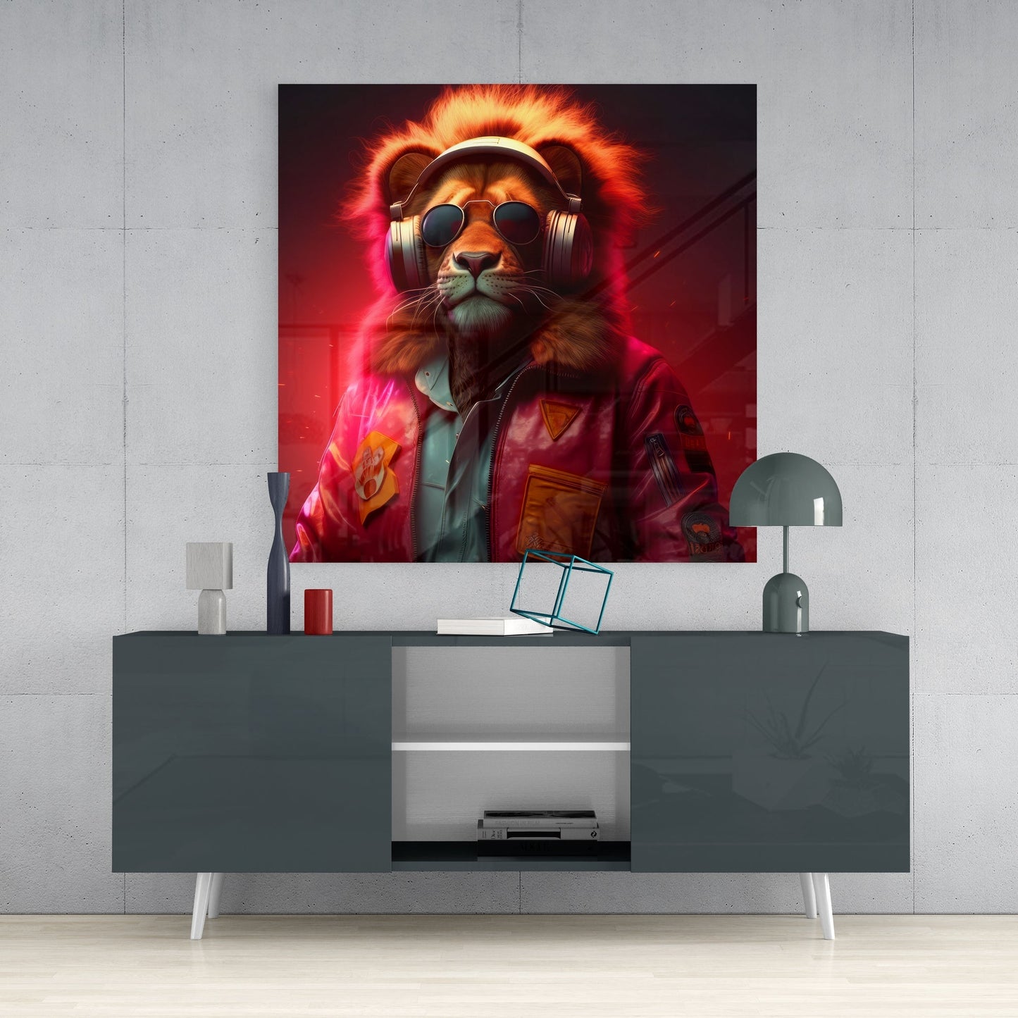 Pink Jacket Lion in Headphones Glass Wall Art
