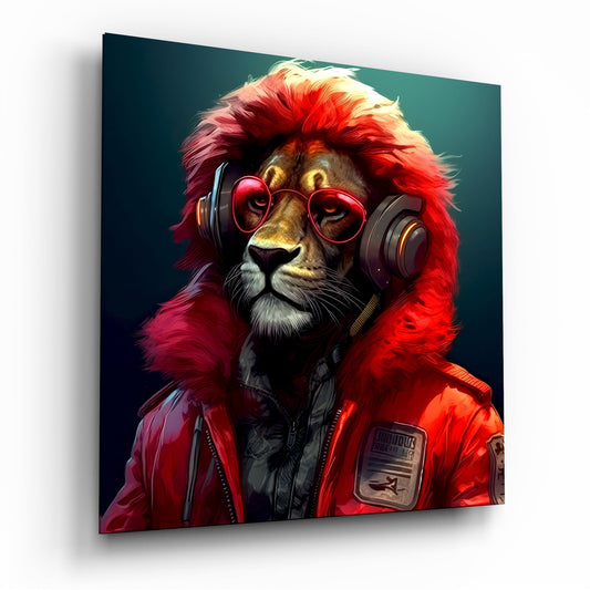 A stylized lion with vibrant red fur wearing heart-shaped red sunglasses and oversized headphones against a teal gradient background on glass wall art.