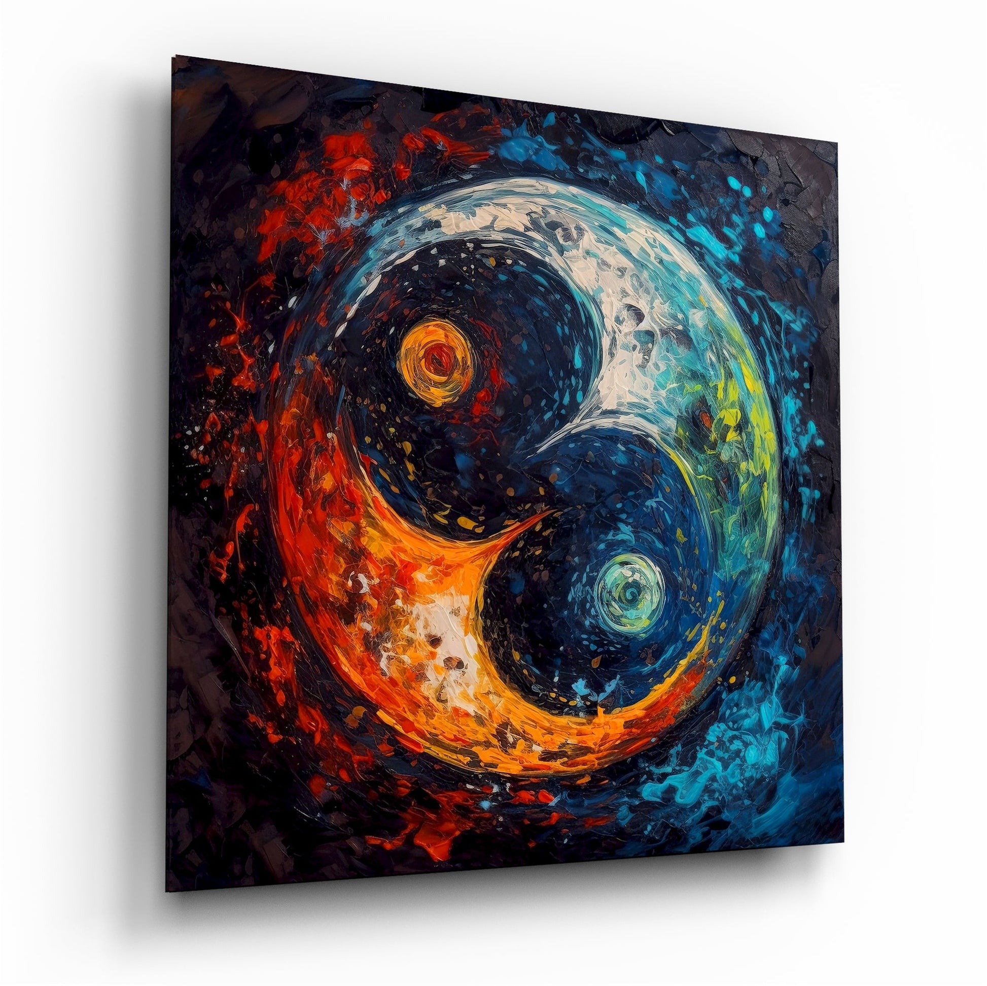 Glass wall art displaying a yin-yang symbol with swirling red, orange, blue, and cyan colors against a dark background, angled perspective view.