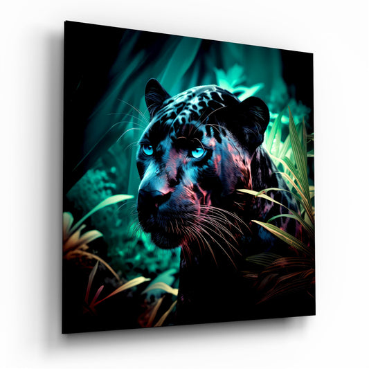 A black panther with striking blue eyes stares directly forward, surrounded by glowing teal foliage and tropical plants on a glass panel.