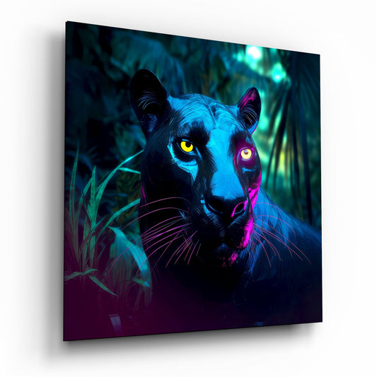 Angled view of neon panther glass art with cyan and magenta lighting, glowing yellow eyes, and dark jungle foliage background.