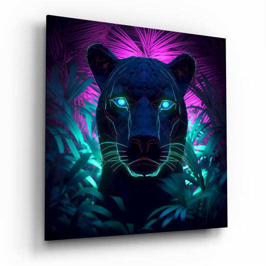 Neon panther glass wall art displayed at angle, showing glowing cyan eyes and geometric wireframe face with magenta and teal neon accents against dark background.