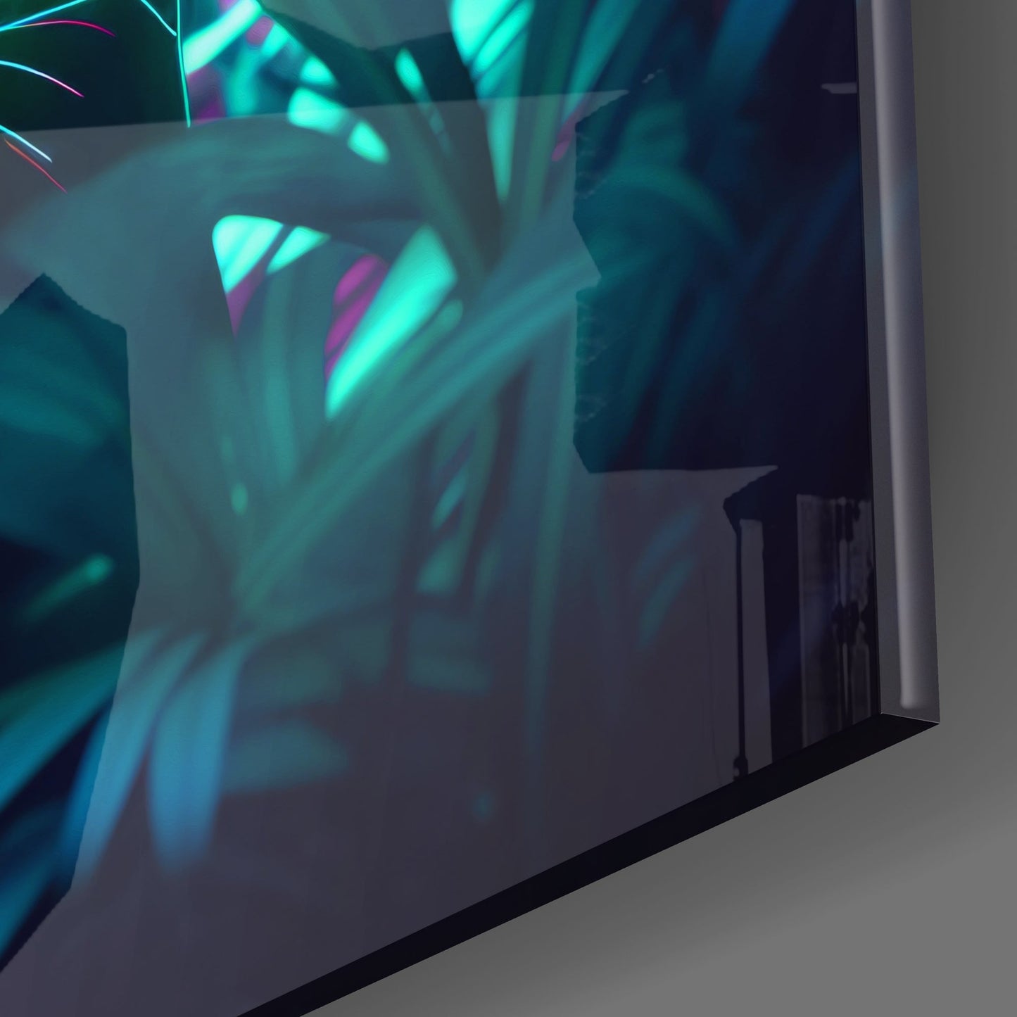 Angled side view of neon panther glass art displaying cyan and magenta glowing lines against dark background.