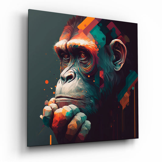 Angled perspective of glass wall art featuring a colorful primate portrait with orange, teal, and red geometric patterns on dark background.