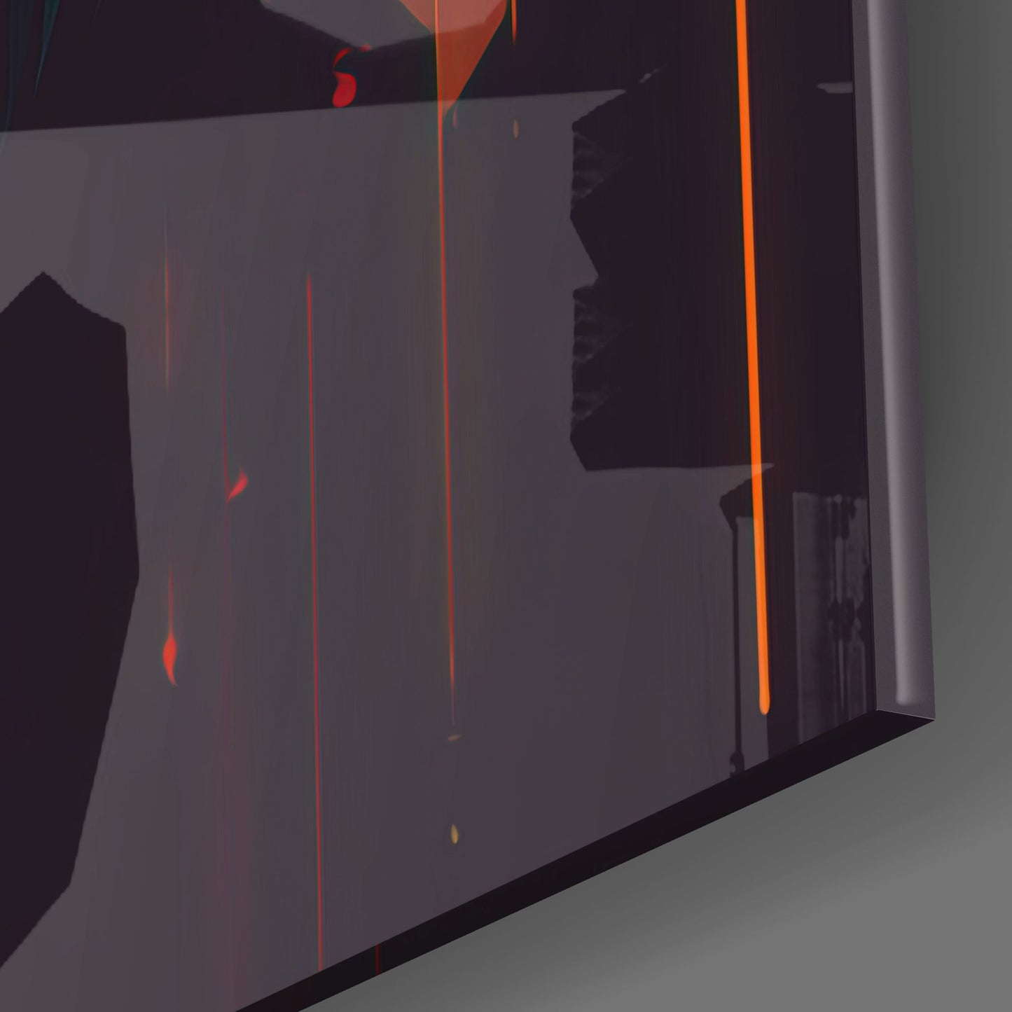 Angled side view of glass wall art with dark silhouette figure and red and orange neon light lines against gray wall.