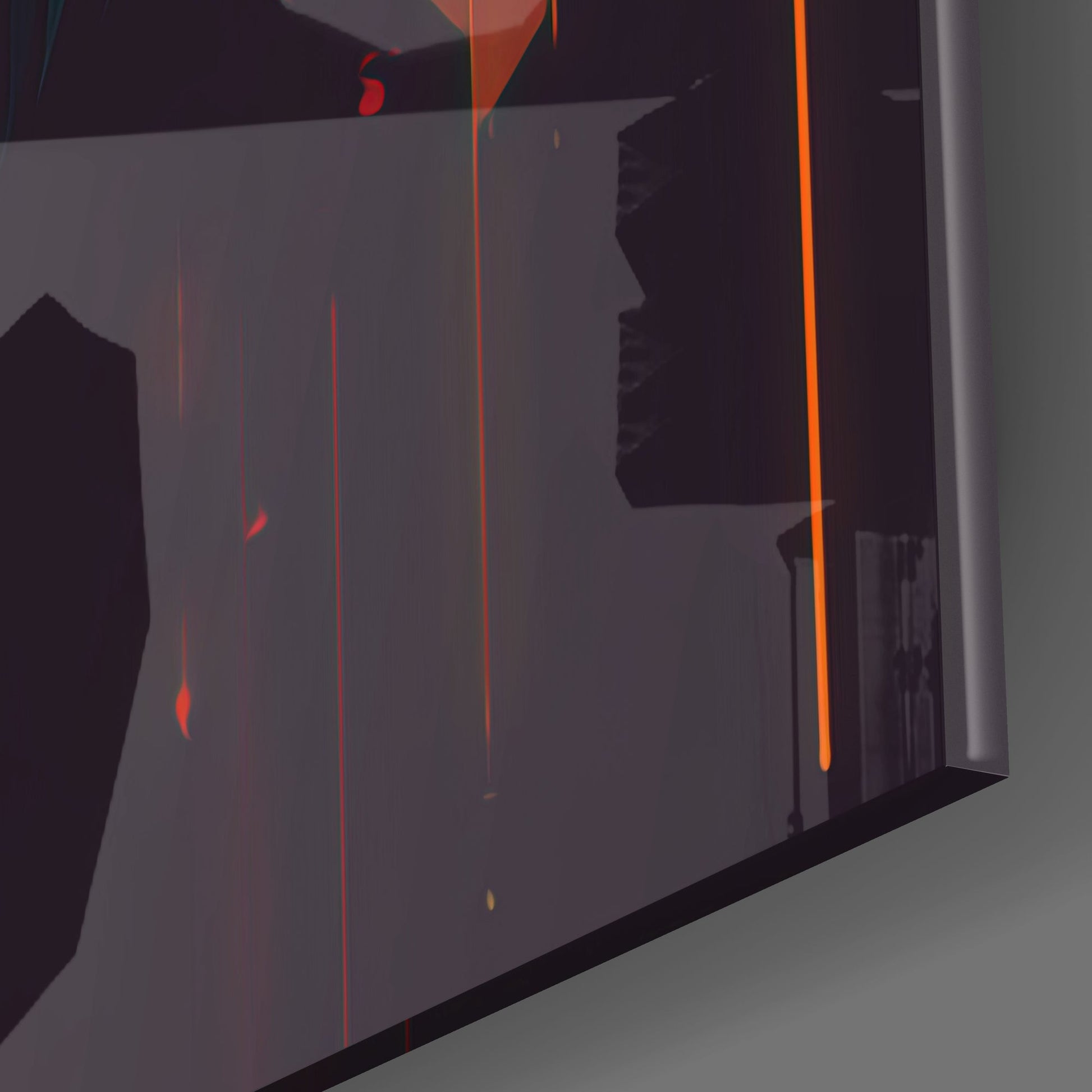 Angled side view of glass wall art with dark silhouette figure and red and orange neon light lines against gray wall.