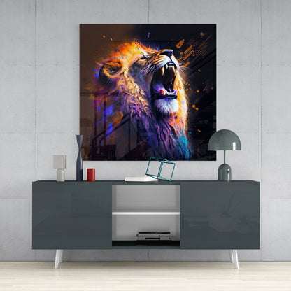 Glowing lion artwork with vibrant orange, blue, and purple hues displayed above a gray media console in a minimalist living room setting.