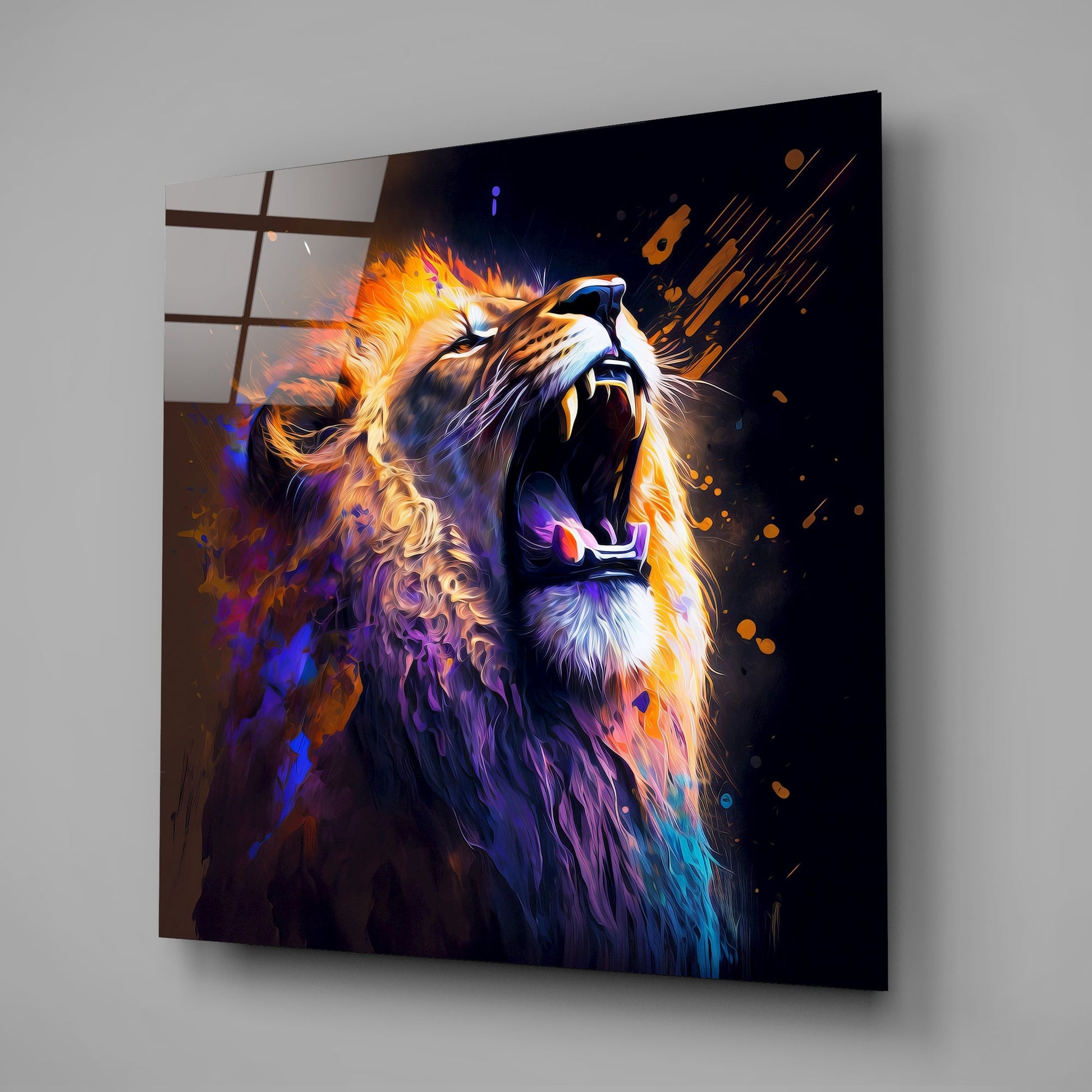 Angled view of glass wall art featuring a roaring lion with orange, purple, and blue neon-style colors against dark background, mounted on gray wall.