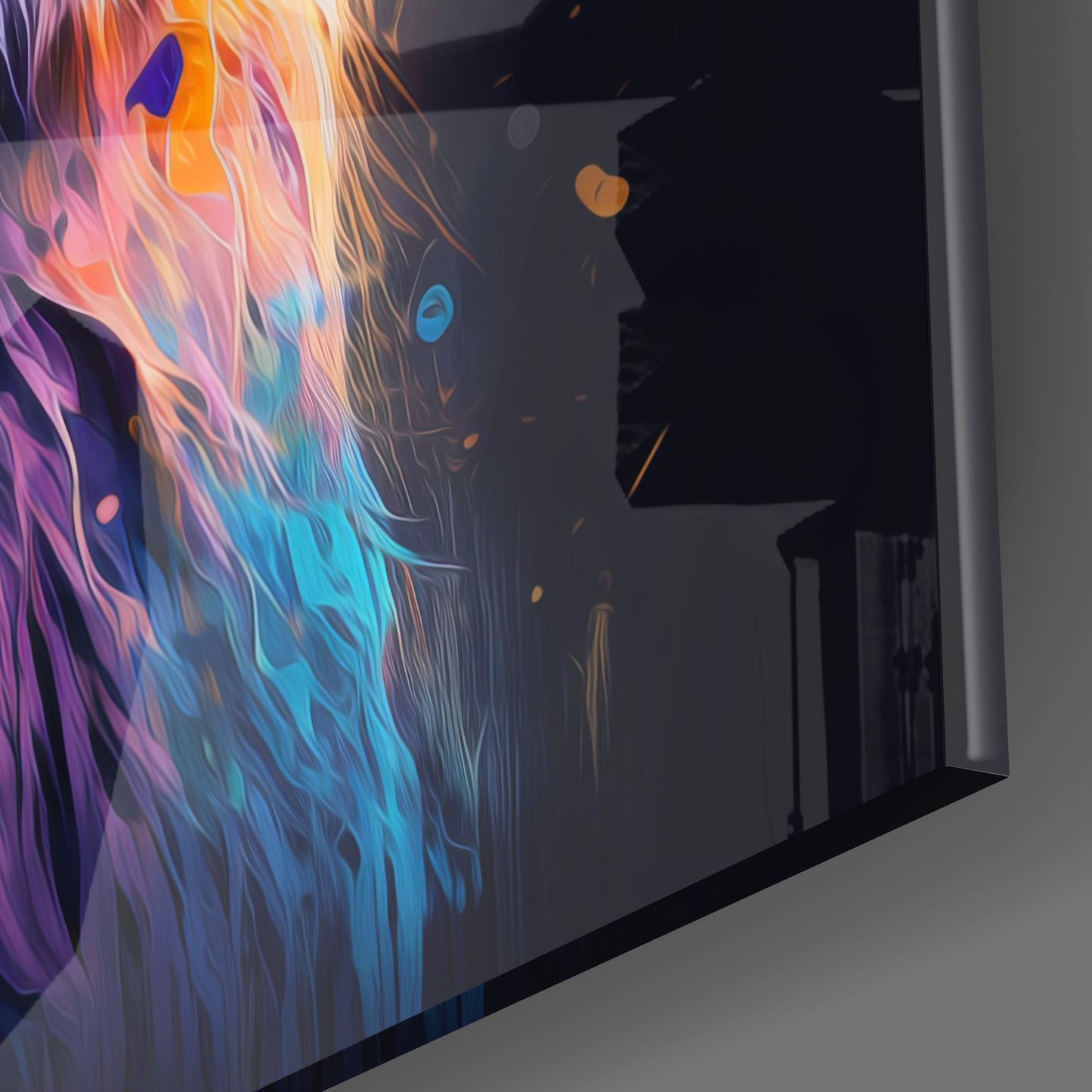 Angled close-up view of colorful glass wall art featuring a lion's head in vibrant purple, pink, orange, and blue brushstroke effects.