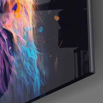 Angled close-up view of colorful glass wall art featuring a lion's head in vibrant purple, pink, orange, and blue brushstroke effects.