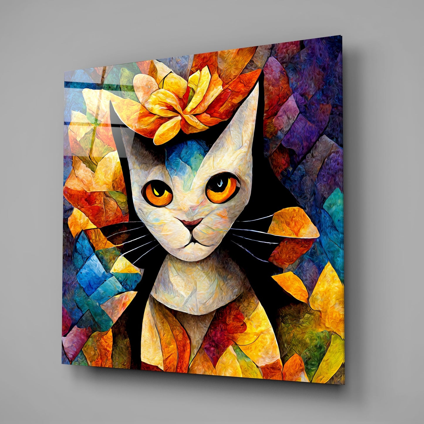 Colorful glass wall art featuring a white cat with orange eyes surrounded by vibrant multicolored flower petals and geometric patterns, displayed at an angle.