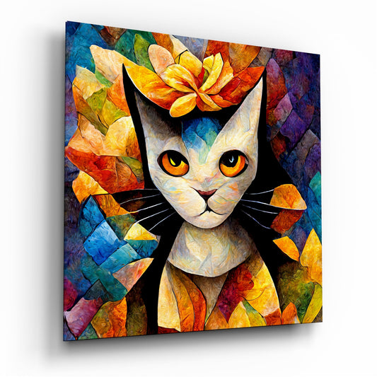 Glass wall art panel displaying a stylized white cat with orange eyes surrounded by colorful autumn leaves in vibrant blues, oranges, and yellows.