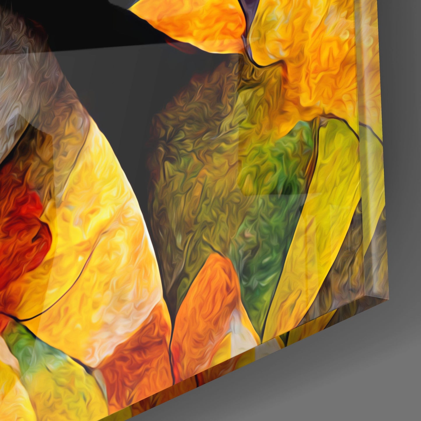 Colorful glass wall art panel with yellow, orange, and green swirled patterns, shown at an angle against gray background.