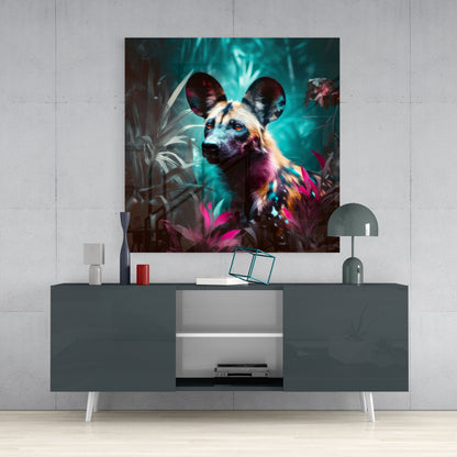 Vibrant glass wall art depicting a colorful wild dog with turquoise, magenta, and gold tones displayed above a gray media console.