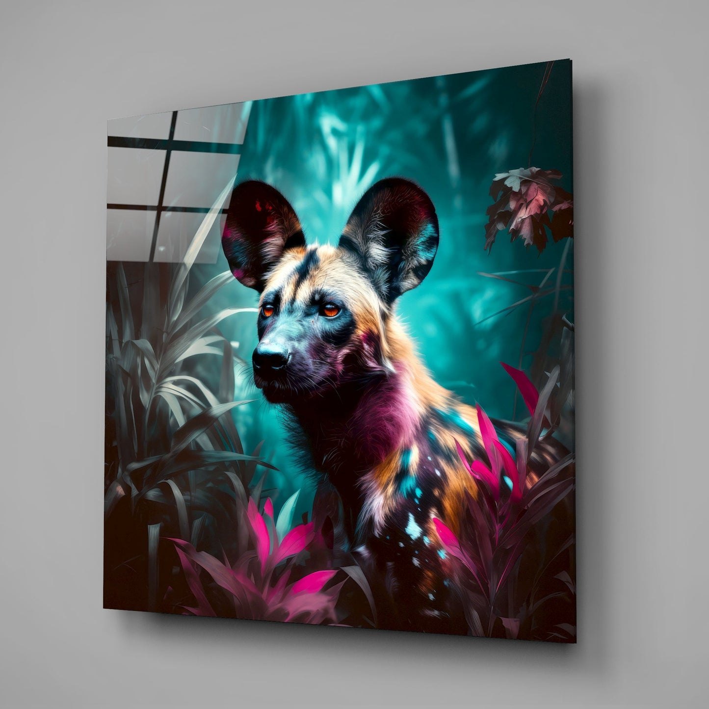Angled view of glass wall art featuring a colorful dog with neon pink, turquoise, and purple tones surrounded by stylized foliage against a teal background.