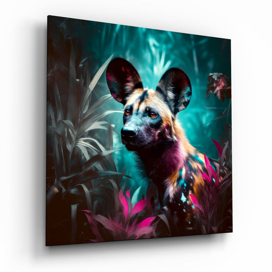 A colorful digital artwork of a wild dog with glowing red eyes surrounded by vibrant pink flowers and teal foliage on glass.