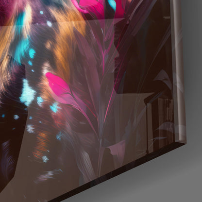Close-up angled view of glass wall art showing vibrant magenta, cyan, and golden brushstroke details on dark background.