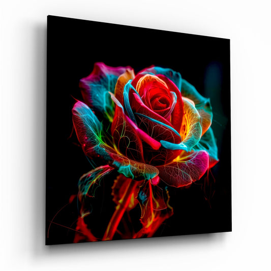 Neon-glowing multicolored rose with vibrant red, cyan, magenta, and yellow hues displayed on black glass panel at an angle.