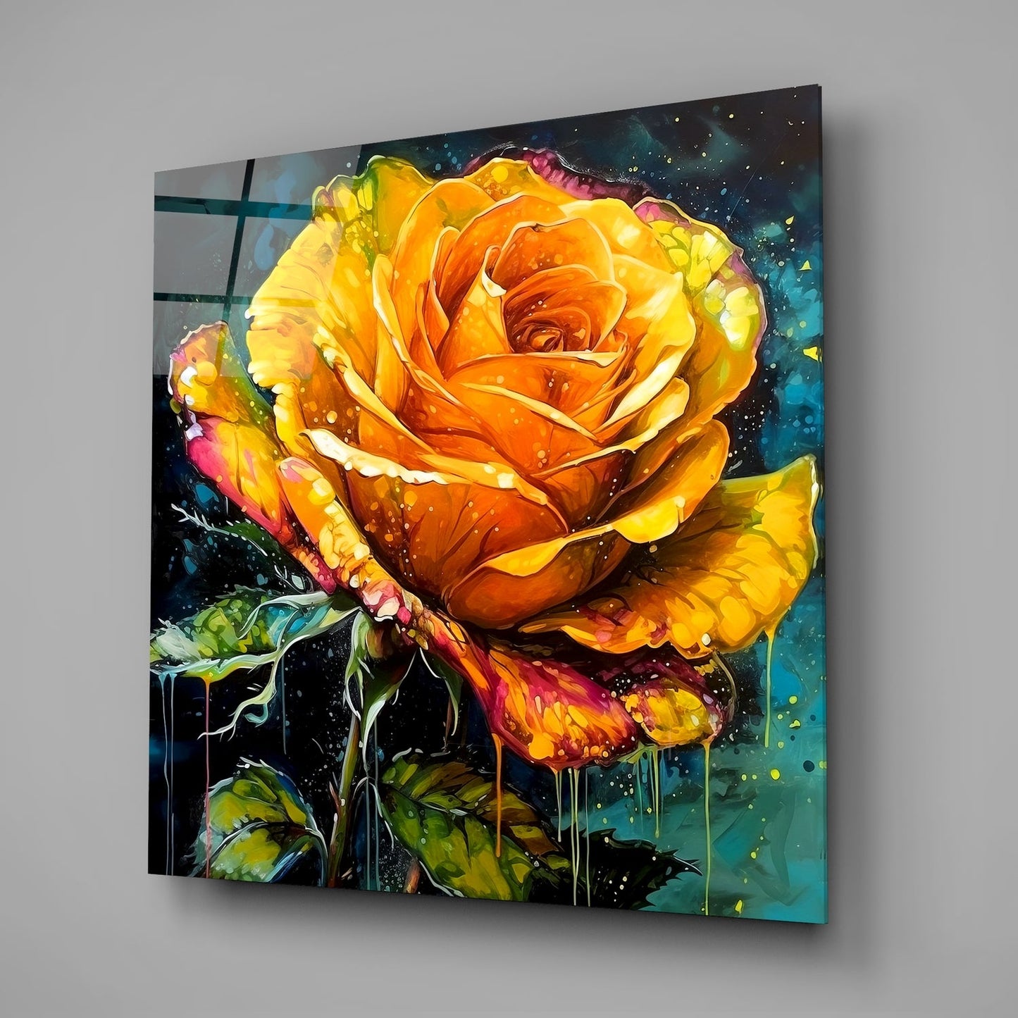 Dripping Gold Rose Painting Glass Wall Art
