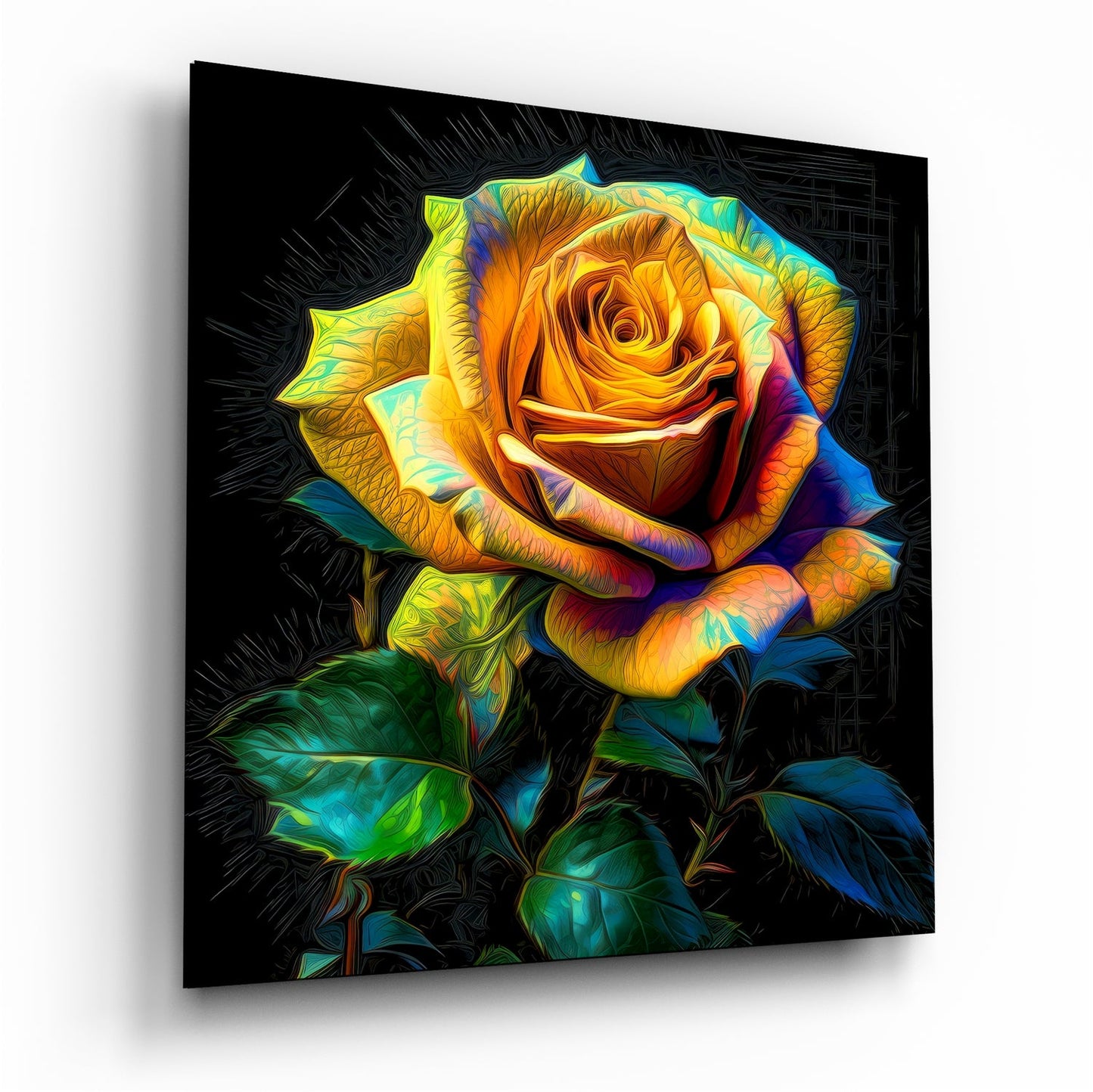Neon Glow Golden Rose Glass Wall Art