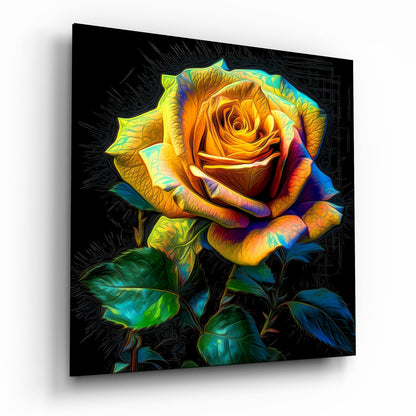 Neon Glow Golden Rose Glass Wall Art
