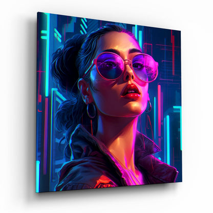 Angled perspective of glass wall art showing woman in neon pink sunglasses against cyan and magenta geometric neon background.