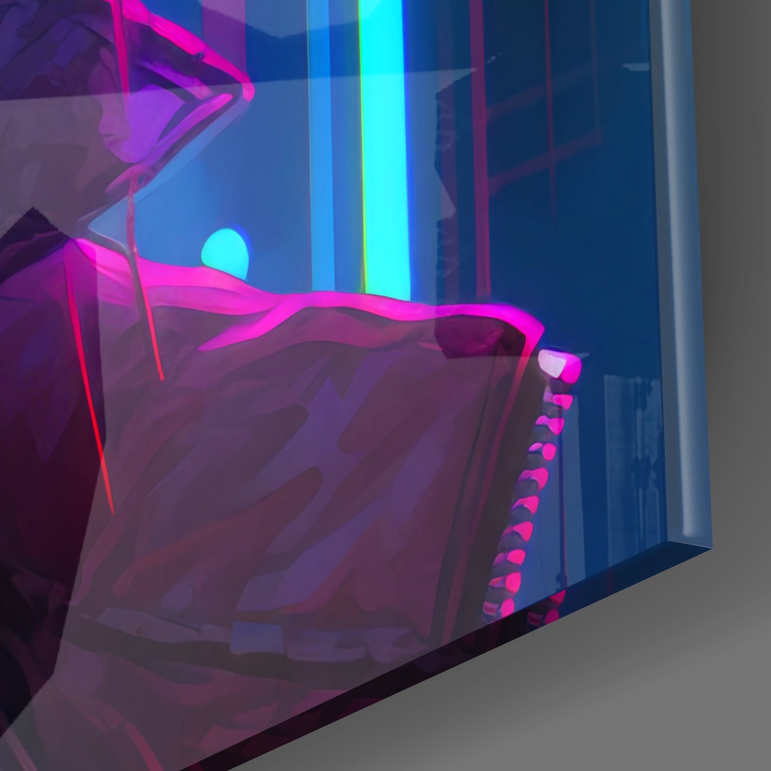 Neon-lit glass wall art featuring a stylized female profile with magenta and cyan glowing lines against a dark cityscape background.