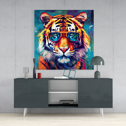 Teal Pop Tiger in Sunglasses Glass Wall Art