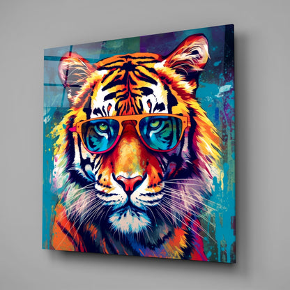 Teal Pop Tiger in Sunglasses Glass Wall Art