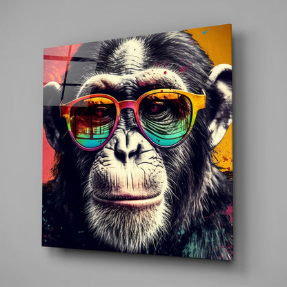 Chimpanzee wearing rainbow-tinted sunglasses on colorful glass wall art with pink, yellow, and teal background sections.