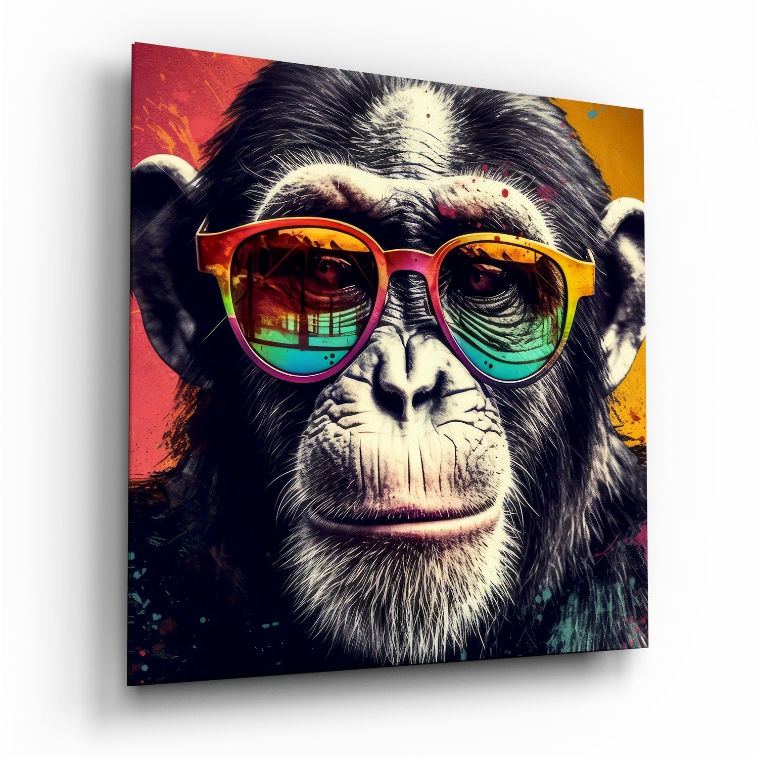 Close-up angled view of a chimpanzee wearing rainbow-gradient sunglasses against red and gold background on glass wall art panel.