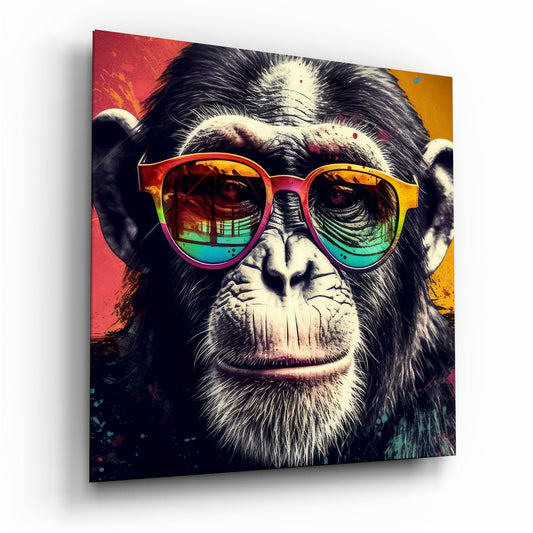 Close-up angled view of a chimpanzee wearing rainbow-gradient sunglasses against red and gold background on glass wall art panel.