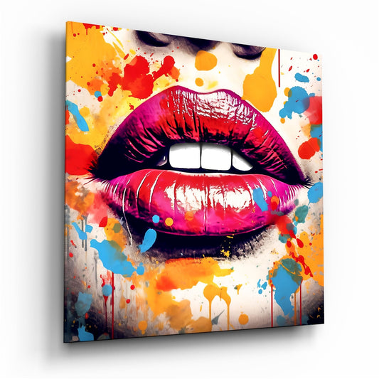 Square glass wall art displaying a close-up of vibrant pink lips with colorful paint splatters in red, yellow, blue, and orange surrounding it.
