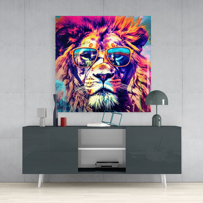 Vibrant multicolored glass wall art of a lion wearing sunglasses, displayed above a dark console table in a modern interior.