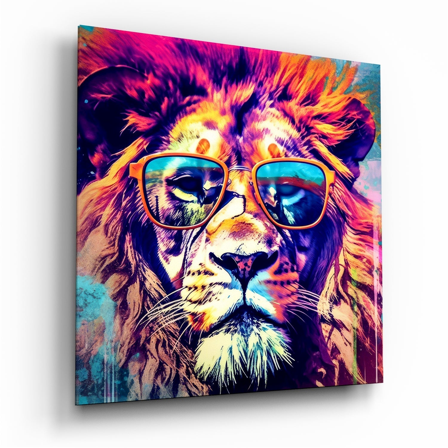 Angled view of a glass wall art panel displaying a colorful lion wearing sunglasses with vibrant purple, pink, orange, and blue tones.