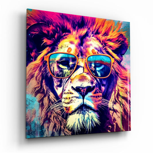 Angled view of a glass wall art panel displaying a colorful lion wearing sunglasses with vibrant purple, pink, orange, and blue tones.