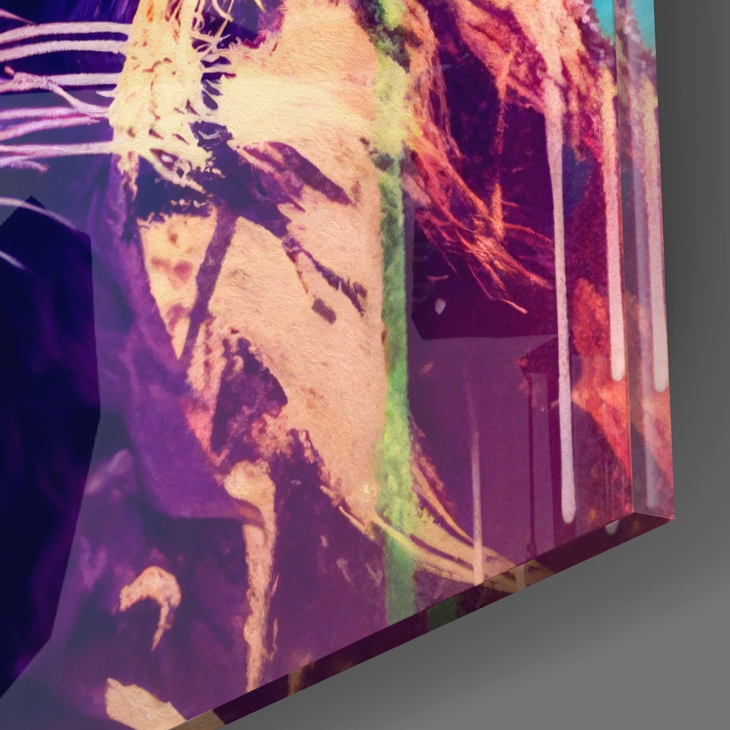 Angled side view of colorful glass wall art featuring a lion's face in vibrant purple, pink, yellow, and green hues.