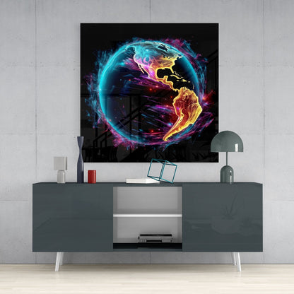 Neon Glowing Americas Globe Glass Wall Art