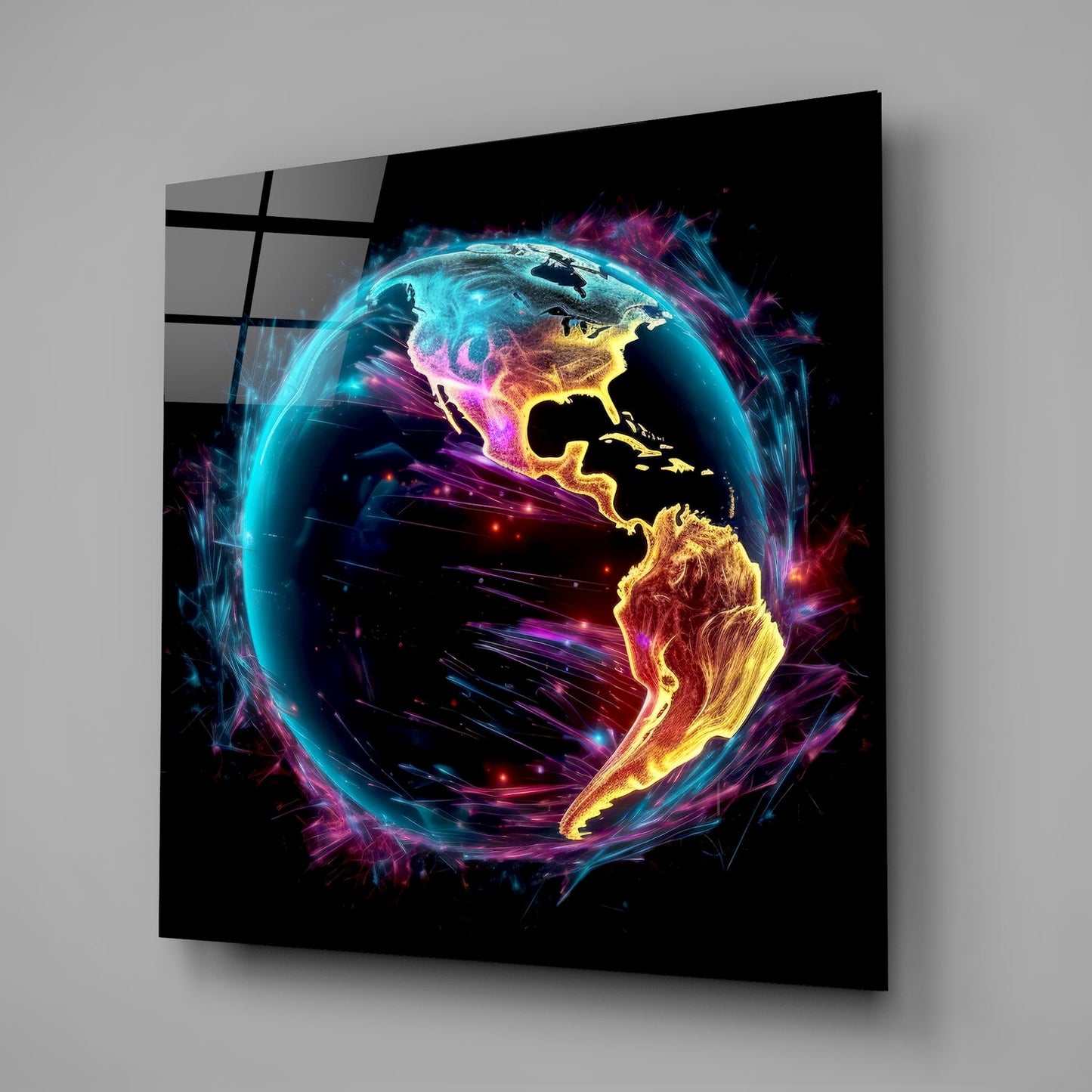 Neon Glowing Americas Globe Glass Wall Art