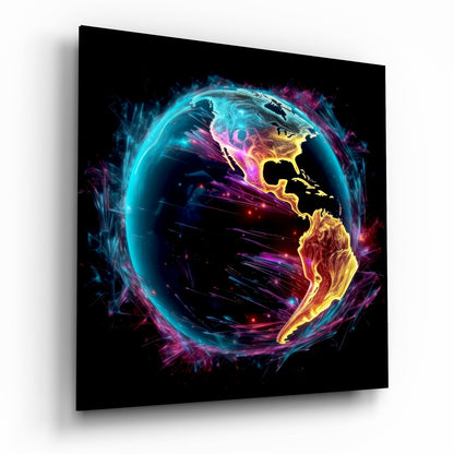 Neon Glowing Americas Globe Glass Wall Art