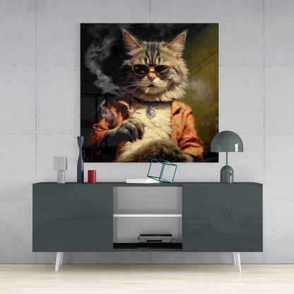 Cool cat wearing sunglasses and orange jacket displayed above gray media console in modern interior setting.