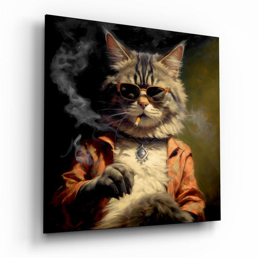 A fluffy long-haired cat wearing sunglasses and an orange jacket smokes a cigarette against a dark background on glass wall art.