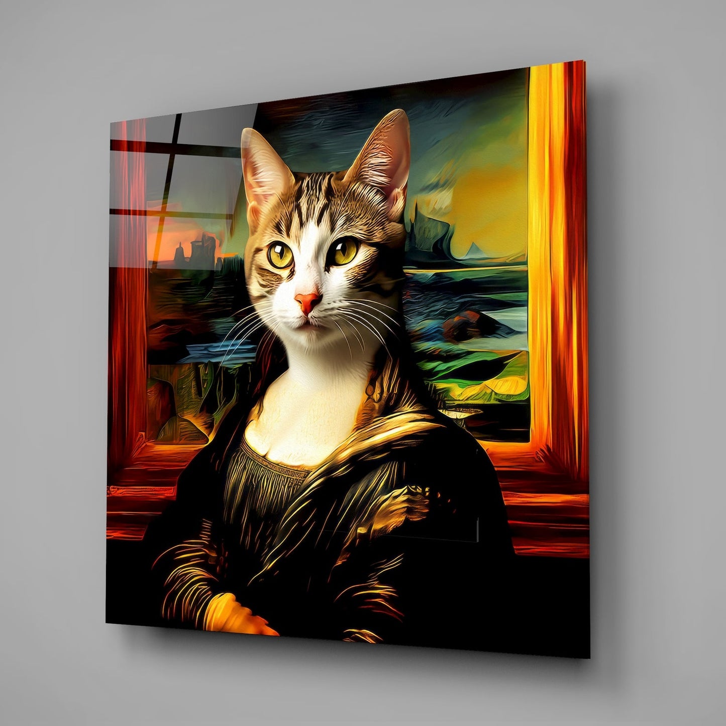 Glass wall art featuring a tabby and white cat's head on a figure wearing dark Renaissance clothing, displayed at an angle showing depth and shadow against a gray background.