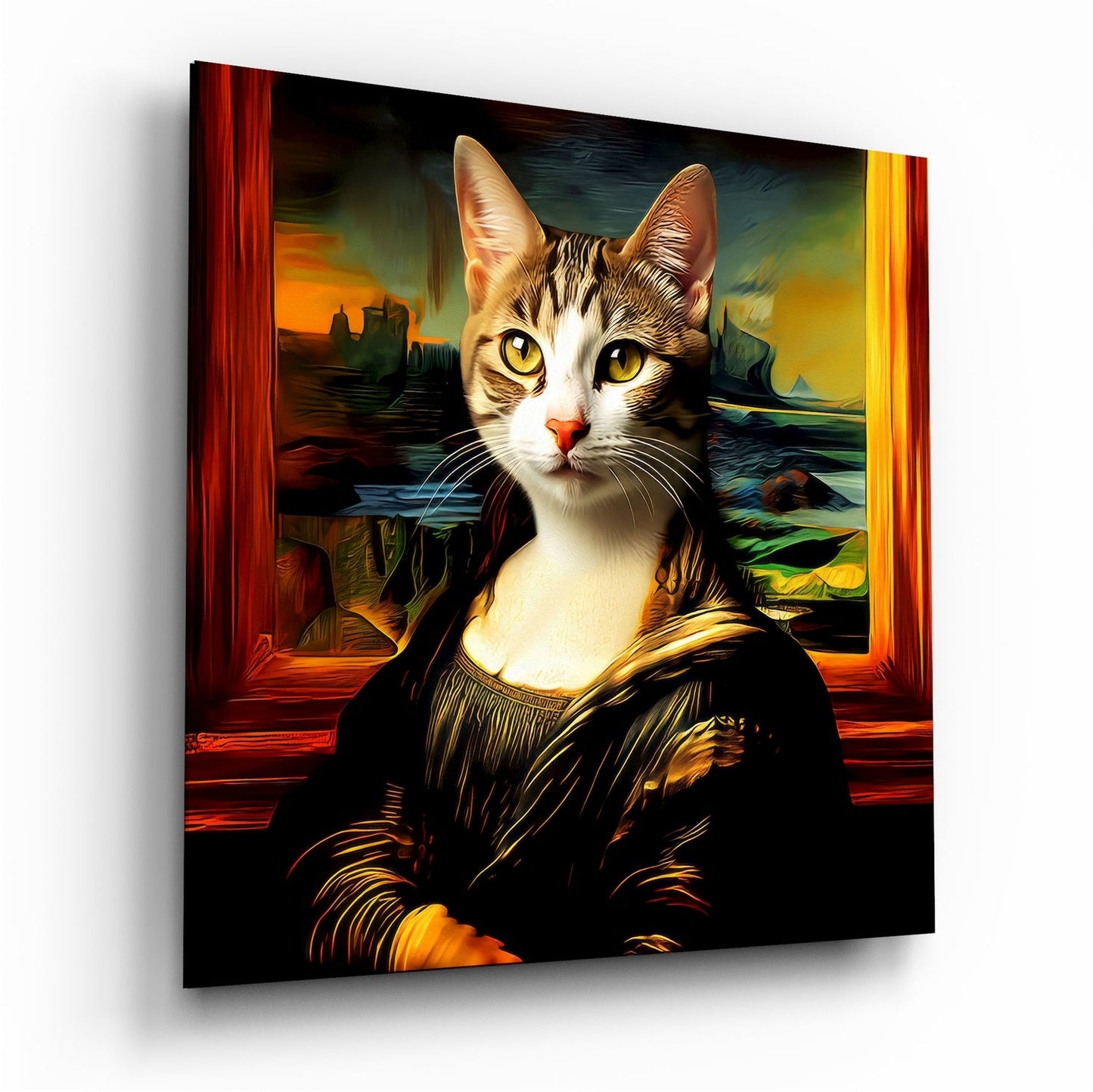 Angled view of glass wall art depicting a tabby and white cat in Renaissance clothing against a landscape background with red and gold frame.