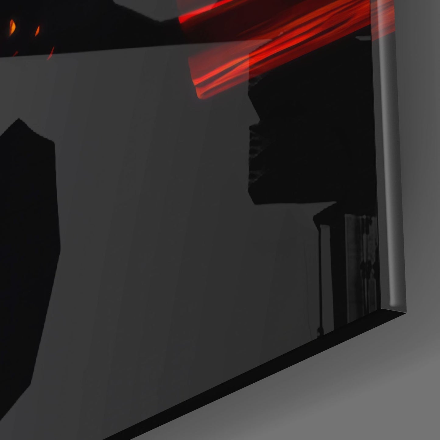 Red neon-lit glass wall art mounted on dark interior wall, angled perspective view.